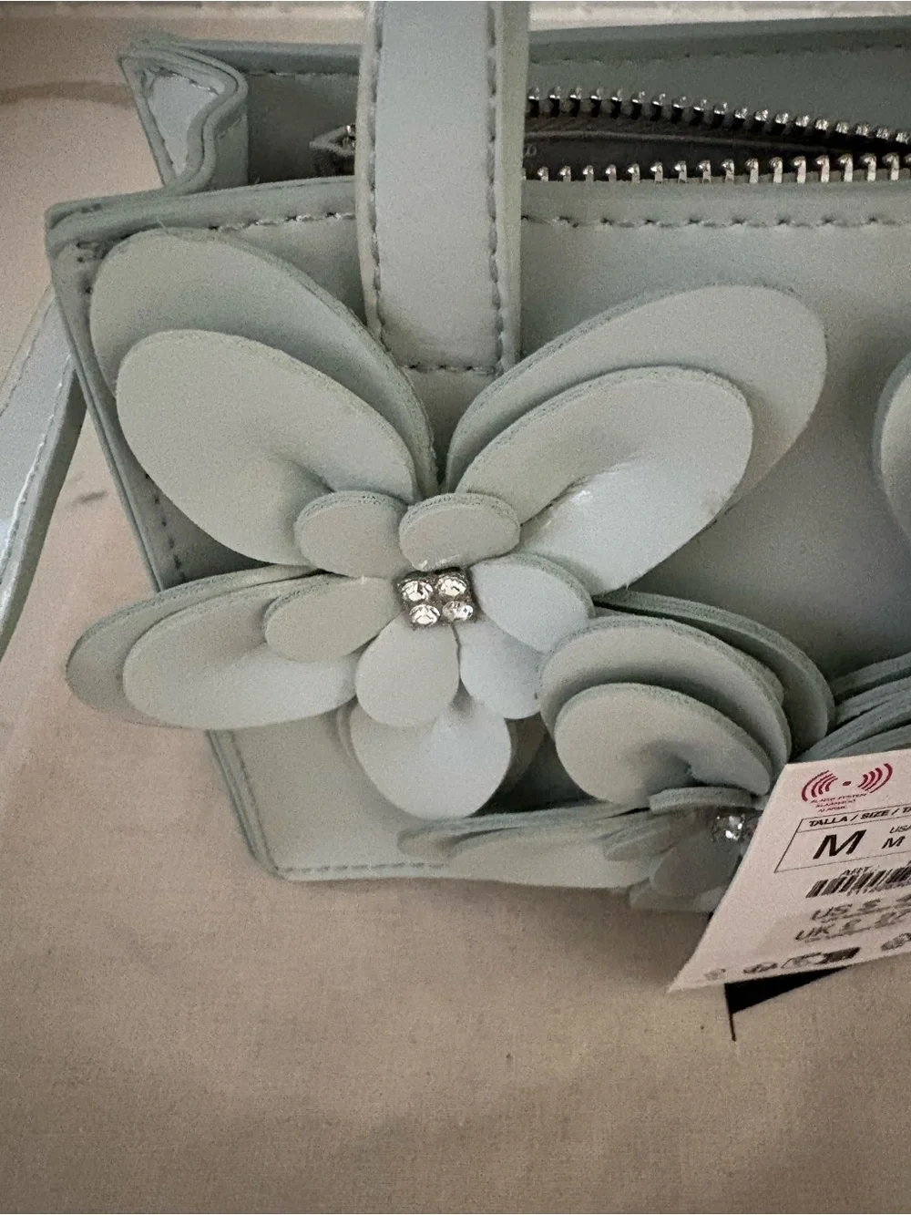 Zara Girls' Floral And Rhinestones Applique Crossbody Bag - Light Blue NWT